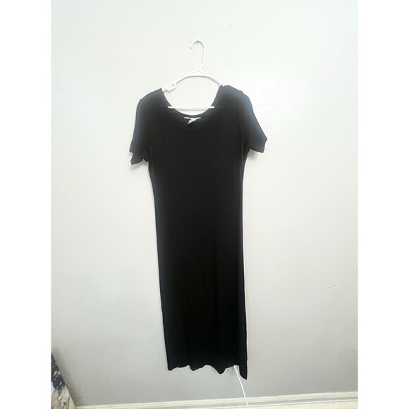 Exclusively MISOOK Dress Black Knit Maxi Short Sleeve Side Slit Size Medium $300 - Picture 2 of 8